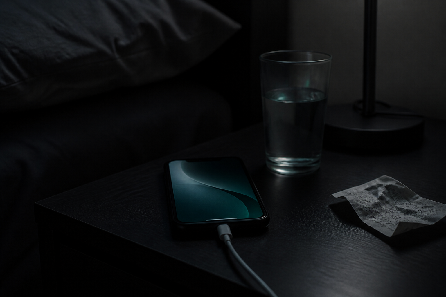Phone charging on a nightstand
