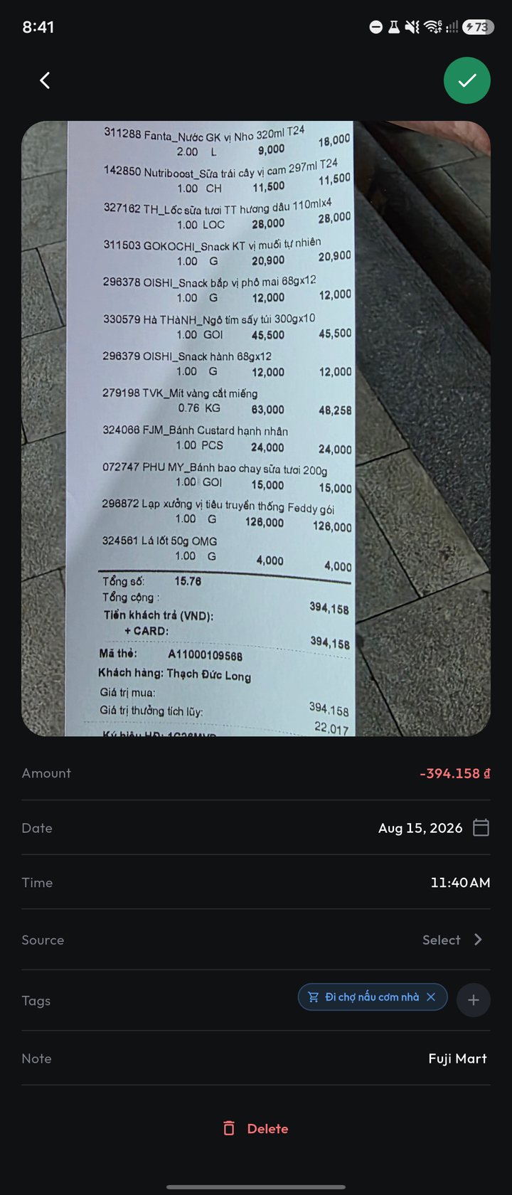 Capture review of a Fuji Mart receipt with amount, date, and tags
